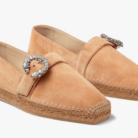 Jimmy Choo Shoes - Authentic Jimmy Choo Tan Dru Flat Espadrilles with Crystal Buckle